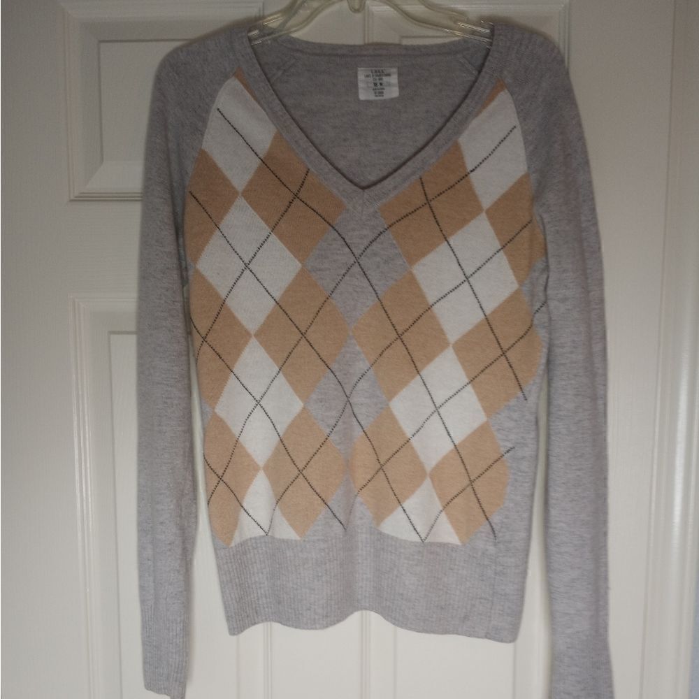 L.O.G.G.by H&M GrayBeige Geometric Lslv V-neck Merino Wool Blend Women's Sweater